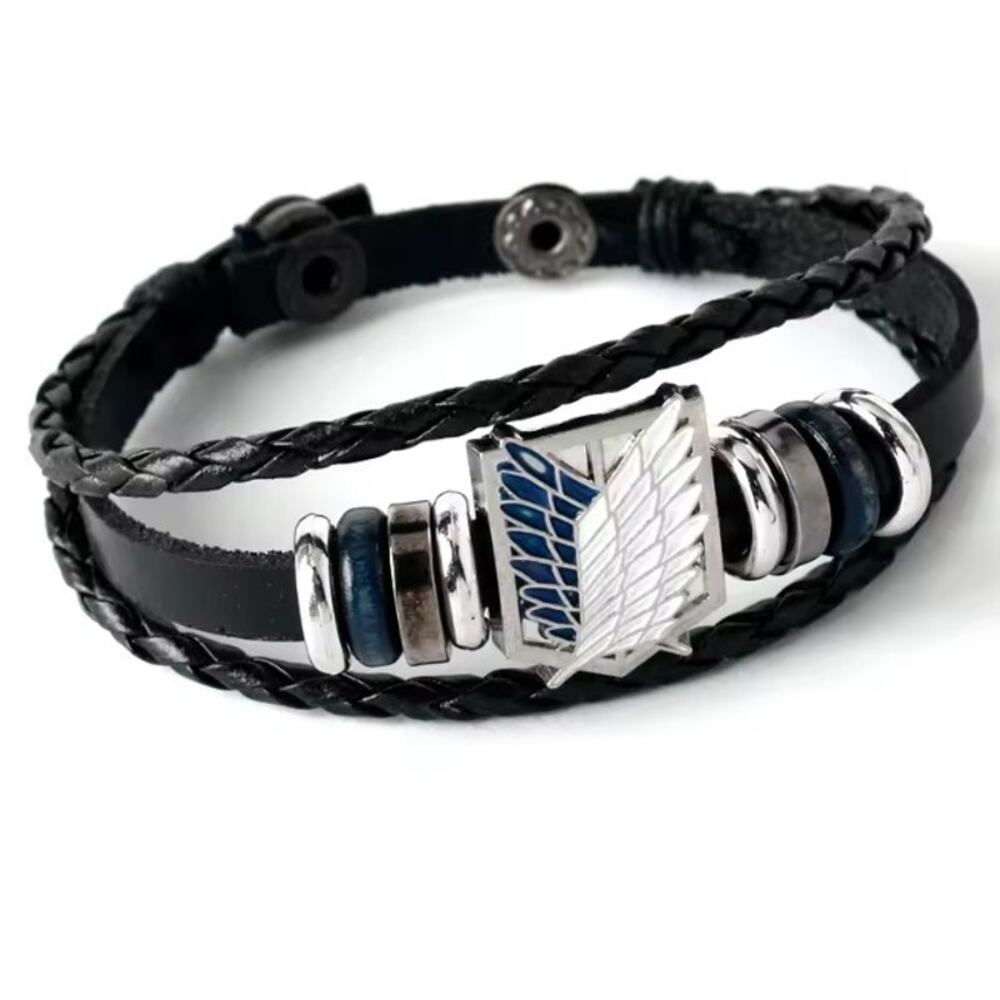 Attack on Titan Survey Corps Bracelet – Black Leather Anime Wristband